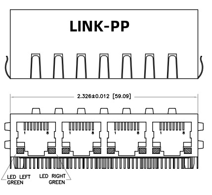 HFJ14-1G01ER-L11RL 1x4 RJ45 Fastjack avec magnétique 1000base-T
