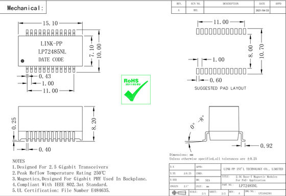 Base-T PoE+ Lan Magnetic Modules LP72485NL de QT24A154P 2.5G